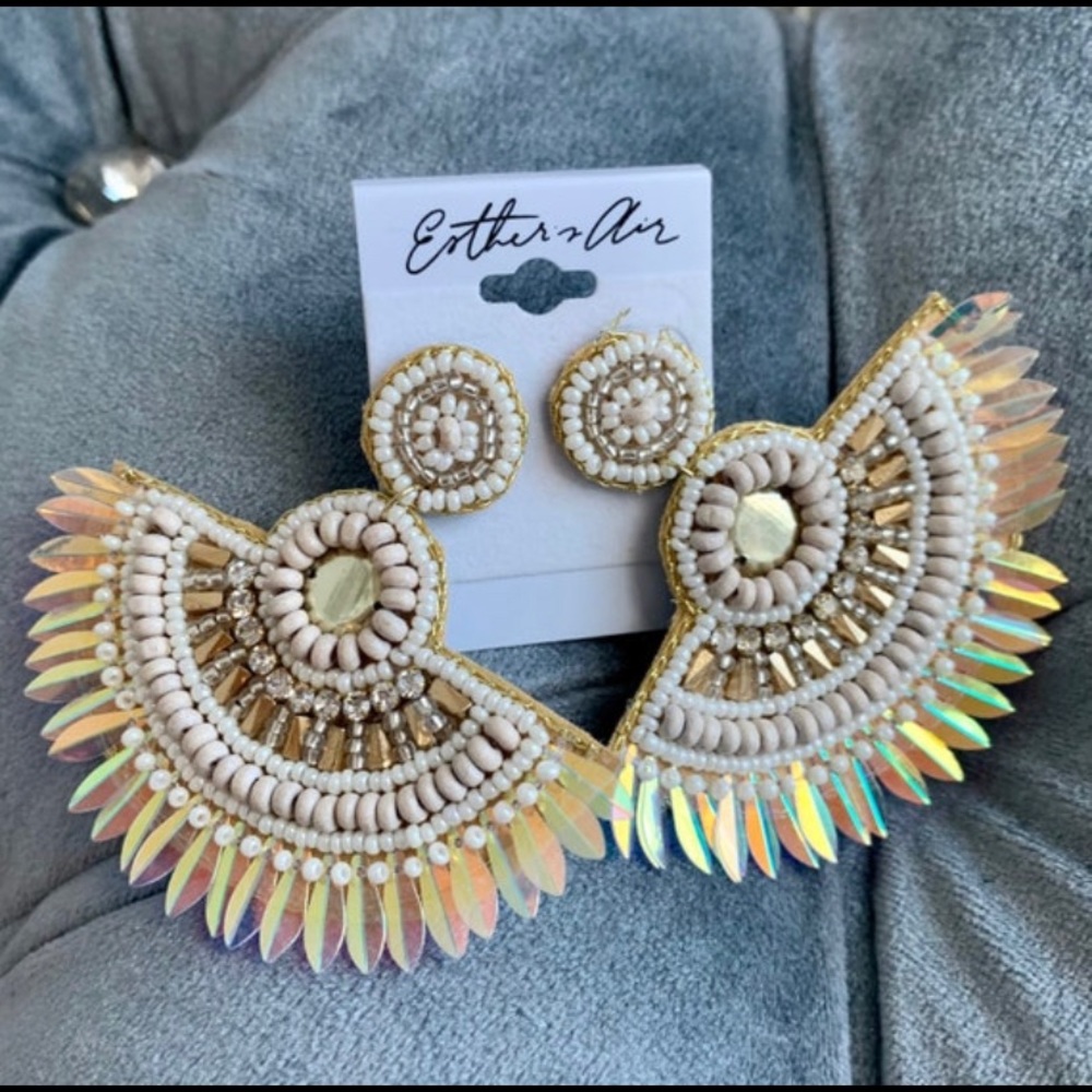 Gold Seed Bead Rhinestone Dangle Statement Earrings Boho jewelry